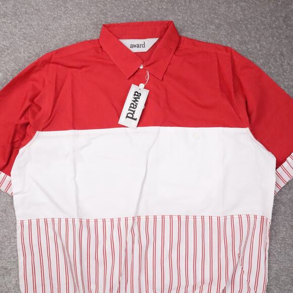 VTG 80s 90s Award Deadstock Large Red White Striped Short Sleeve Collared Shirt - Picture 7 of 11